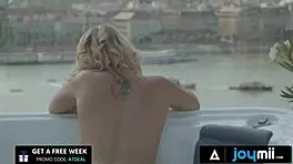 hot blonde in jacuzzi masturbates before getting dicked hard and facial 😘