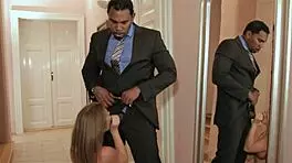 young european model bounces on ebony cock, gives blowjob in glamorous scene with beautiful babe.