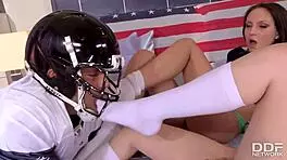 Nymphos team up for superbowl threesome with football player