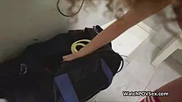 Intense Lesbian Teens Fuck Pussies With Doublehead Dildo In Public Restroom!