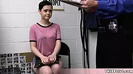 Hey, cute Jade got caught shoplifting, and now the mall cop's gonna punish that tight pussy with rough doggy and blowjob! 😈