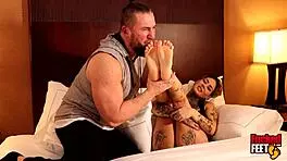 Beautiful Inked Redhead Lady Velvet Foot Fucks Lucky Fetish Guy in Dirty Talk
