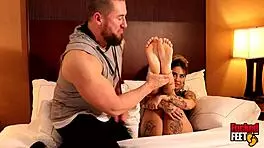 Beautiful Inked Redhead Lady Velvet Foot Fucks Lucky Fetish Guy in Dirty Talk