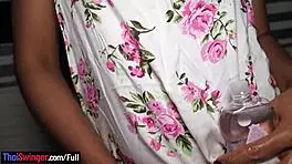 Round ass thai teen gives homemade blowjob while rubbing dick on pussy