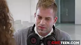 Cute teen in skirt and glasses feels emotional freeuse at office work