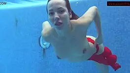 Mia Ferrari Ignites Passion in Pool Shower Underwater in Red Lingerie