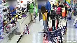 Pervert officer banging shoplifter teen's tight pussy from below in group scene