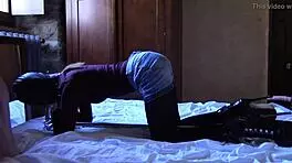 Tied to machine masked hooded, she sucks big european cock in bdsm bound scene