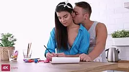 Brunette teen 18+ enjoys intimate moments with partner