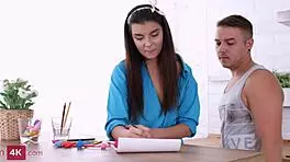 Brunette teen 18+ enjoys intimate moments with partner