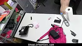 I, the mall security officer, find stolen merchandise in the teen's backpack and have rough sex.