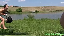 European amateur teen strips naked in public for cash payment