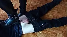 girls in boots dominate with footjob