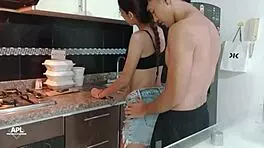 sexy latina teen bent over for blowjob in kitchen with big ass
