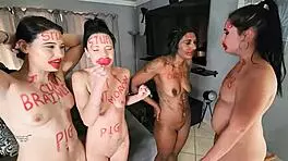 Desi Girl and Three Others Do Nude Exercises with Dildo Deepthroat and Body Writing
