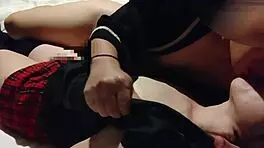 Hey, check out this cute maid in red miniskirt cosplay giving blowjob and cunnilingus to creampie