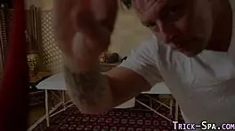 hidden cam captures conned teen with small tits getting massaged and cumshot from monster cock