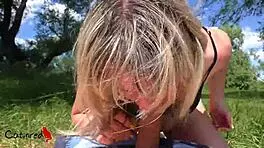 Teen 18+ flashes pussy outdoors and sucks for facial 😏