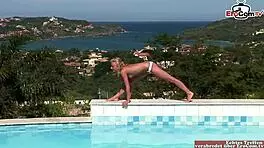 skinny blonde teen gets anal fucked in the pool with small tits bouncing