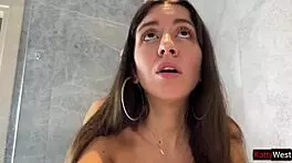 wet brunette has sex in the shower, blowing and doggystyling with eye rolling