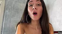 wet brunette has sex in the shower, blowing and doggystyling with eye rolling