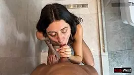 wet brunette has sex in the shower, blowing and doggystyling with eye rolling