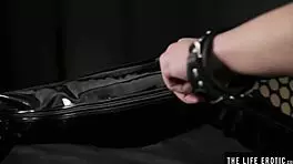 Cute brunette strips lingerie to finger herself hard.