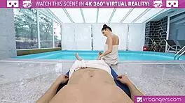 Young brunette gets fucked hard at the pool side!