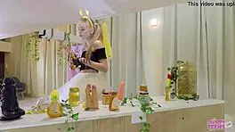 petite girl in bee costume licks honey and sucks my cock