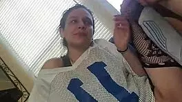 petite brunette wife bent over wearing my jersey, big cock cumshot