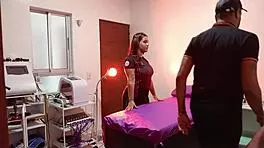 Sexy latina lets masseur fuck her pussy hard in doggystyle.