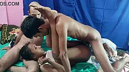 Two guys fuck girl in blue stockings