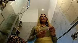 My sexy blonde wife switching panties in bathroom, she's so hot!