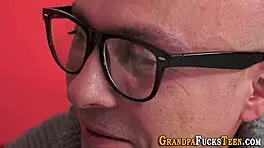 teen 18+ sucks grandfather's cock in high definition, getting jizz in her mouth after handjob and blowjob