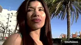 Big ass brunette enjoys stranger's toy. She gets pounded hard in public pussy play