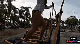 Amateur thai teen 18+ girlfriend gives him a blowjob after her workout