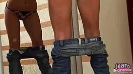 babe feels sexy in black tight jeans, flashing