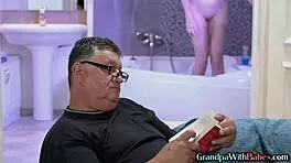 babe shares intimate moments with senior after shower, including kissing and touching