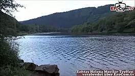 Man, my skinny German blonde girlfriend with small tits films an outdoor porno with me!