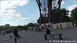 A cute girl gets fucked by two guys in a famous alley, public and outdoor.