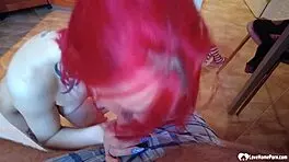 tattooed teen sucks cock on her knees in the kitchen