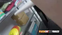 hey, attractive shoplifter lily glee kneels to suck cock