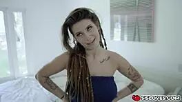 Busty stepsister teases with striptease then takes big cock in tight pussy