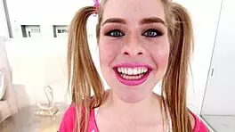 Lily Ford, 19yo cutie with pigtails, takes huge cock for pov blowjob and swallows massive load