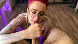 Pov blowjob from cute tattooed teen with glasses.