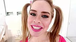 Lily Ford, 19yo cutie with pigtails, takes huge cock for pov blowjob and swallows massive load