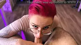 Pov blowjob from cute tattooed teen with glasses.