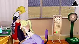 Blonde teen gives intense fast handjob to monster cock in anime.