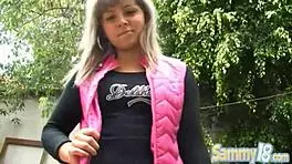 Petite teen Sammy sucks cock outdoors before getting her pussy fucked