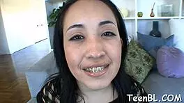 gorgeous teen rubs her pussy before wild blowjob, deepthroat sucking cock